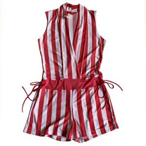 San Julian Stripped Romper Women's Size S Coral White Sleeveless V-Neck Fairy